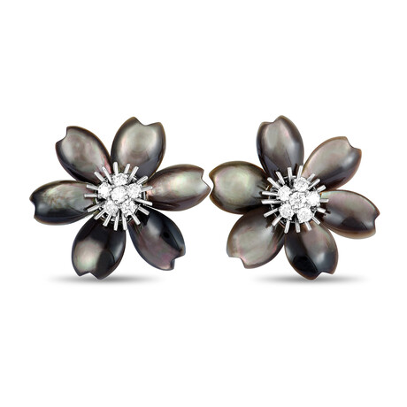 Van Cleef & Arpels // Rose de Noel 18K White Gold Diamond + Mother of Pearl Flower Earrings // Estate
