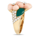 Van Cleef & Arpels // 18K Yellow Gold Diamond + Coral + Chrysoprase Flower Ring // Ring Size: 7.5 // Estate
