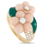 Van Cleef & Arpels // 18K Yellow Gold Diamond + Coral + Chrysoprase Flower Ring // Ring Size: 7.5 // Estate