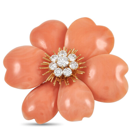 Van Cleef & Arpels // Rose de Noel 18K Yellow Gold Diamond + Coral Brooch // Estate
