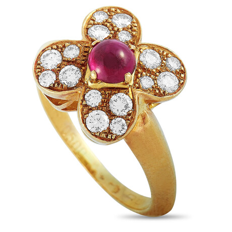 Van Cleef & Arpels // Trefle 18K Yellow Gold Diamond + Cabochon Ruby Ring // Ring Size: 5 // Estate