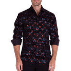 Baroque Effect + Velvet Texture Long Sleeve Button-Up Shirt // Black (S)