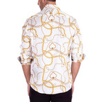 Gold Chains + Hearts Print Long Sleeve Button-Up Shirt // White (XL)