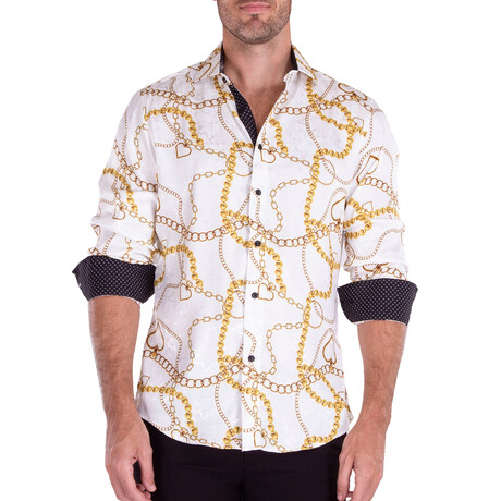 Gold Chains + Hearts Print Long Sleeve Button-Up Shirt // White (XS)