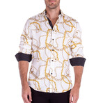 Gold Chains + Hearts Print Long Sleeve Button-Up Shirt // White (XL)