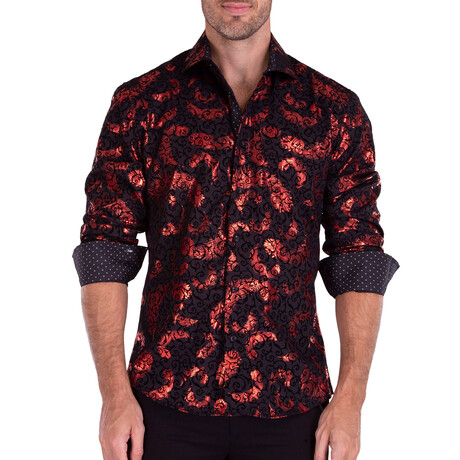 Shiny Feather Print Long Sleeve Button-Up Shirt // Black + Red (XS)