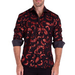 Shiny Feather Print Long Sleeve Button-Up Shirt // Black + Red (M)