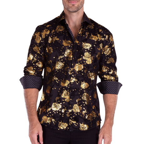 Baroque Mixed Pattern + Velvet Texture Long Sleeve Button-Up Shirt // Black (XS)