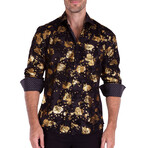 Baroque Mixed Pattern + Velvet Texture Long Sleeve Button-Up Shirt // Black (XL)