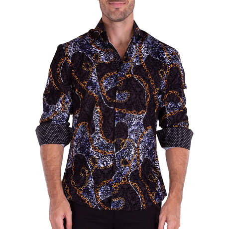 Mixed Print + Velvet Texture Long Sleeve Button-Up Shirt // Black (XS)