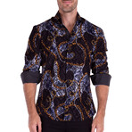 Mixed Print + Velvet Texture Long Sleeve Button-Up Shirt // Black (L)