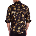 Baroque Mixed Pattern + Velvet Texture Long Sleeve Button-Up Shirt // Black (M)