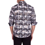 Greek Criss-Cross Metallic Long Sleeve Button-Up Shirt // White + Black (2XL)