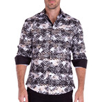 Greek Criss-Cross Metallic Long Sleeve Button-Up Shirt // White + Black (XL)