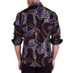 Mixed Print + Velvet Texture Long Sleeve Button-Up Shirt // Black (M)