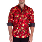 Baroque Mixed Pattern + Velvet Texture Long Sleeve Button-Up Shirt // Red (S)