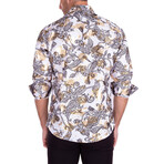 Baroque Mixed Pattern + Velvet Texture Long Sleeve Button-Up Shirt // White (M)