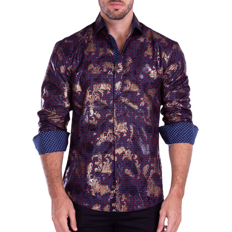 Diamond + Metallic Baroque Print Long Sleeve Button-Up Shirt // Navy (XS)