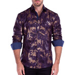 Diamond + Metallic Baroque Print Long Sleeve Button-Up Shirt // Navy (3XL)