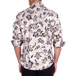 Gold Mandala + Flower Long Sleeve Button-Up Shirt // White + Black (XL)