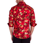 Baroque Mixed Pattern + Velvet Texture Long Sleeve Button-Up Shirt // Red (S)