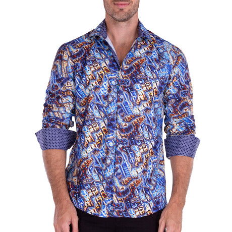 Abstract Art Print Long Sleeve Button-Up Shirt // Blue (XS)