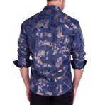 Metallic Flourish Print Long Sleeve Button-Up Shirt // Navy (XL)