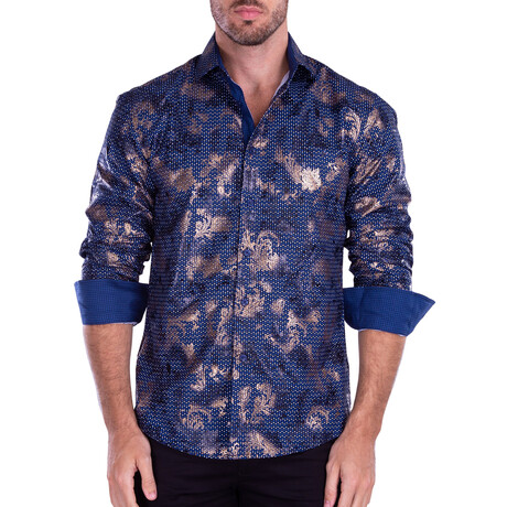 Metallic Flourish Print Long Sleeve Button-Up Shirt // Navy (XS)