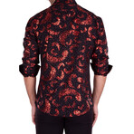 Shiny Feather Print Long Sleeve Button-Up Shirt // Black + Red (XS)