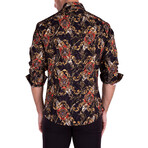 Mixed Baroque Style + Velvet Texture Long Sleeve Button-Up Shirt // Black (XL)