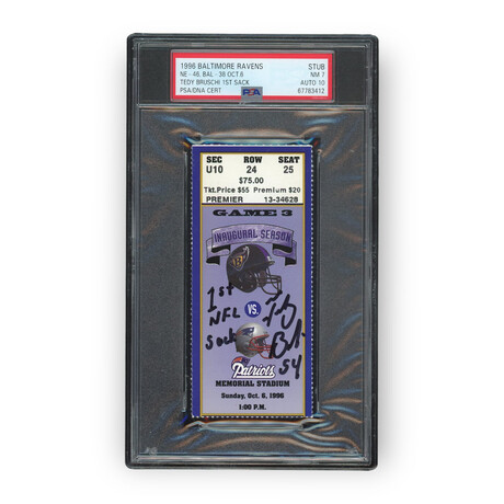 Tedy Bruschi // 1st NFL Sack Ticket // Autographed + Inscription // PSA 7 w/ 10 Auto Grade