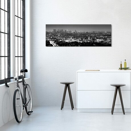Los Angeles Panoramic Skyline Cityscape (Black & White - Night View) // Unknown Artist (16"H x 48"W x 0.75"D)