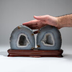 Two Genuine Banded Agate Geodes on Custom Wooden Base // 8 lb