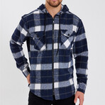 Plaid Hooded Flannel Shirt // Navy Blue + Gray + White (L)