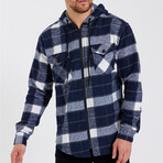 Plaid Hooded Flannel Shirt // Navy Blue + Gray + White (M)