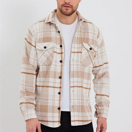 Checkered Flannel Shirt // Brown + Beige + White (XS)