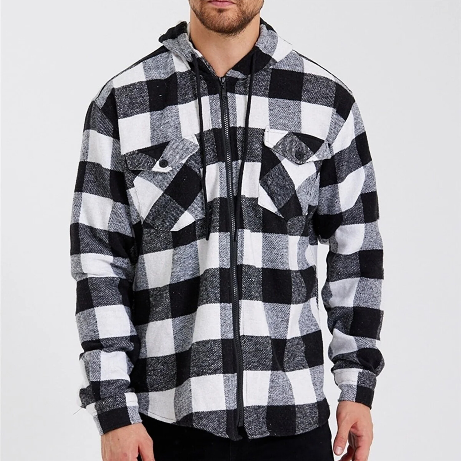 Checkered Hooded Flannel Shirt // Black + White (XL) - Dewsa Plus ...