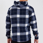 Plaid Hooded Flannel Shirt // Navy Blue + Gray + White (L)