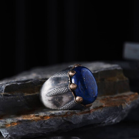 Lapis Stone Silver Men's Ring // Silver + Gold + Blue (9)