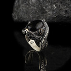 Pen Embroidered Onyx Stone Men's Sterling Silver Ring // Silver + Black (9)