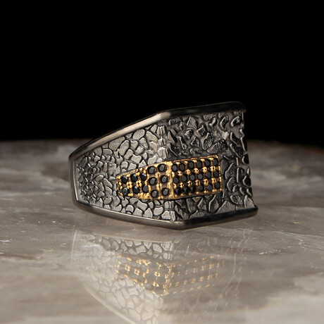 Grinded Plated Patterned Men's Silver Ring // Silver + Gold + Black (9)