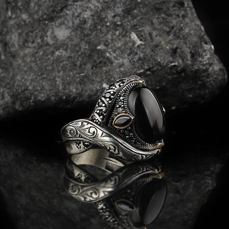 Pen Embroidered Onyx Stone Men's Sterling Silver Ring // Silver + Black (9)