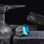 Aquamarine Stone Silver Men's Ring // Silver + Gold + Blue (9)