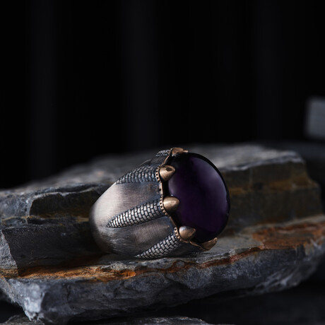 Amethyst Stone Silver Men's Ring // Silver + Bronze + Purple (9)