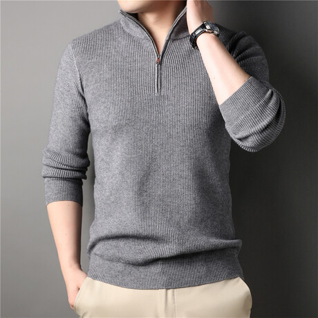 Ribbed Quarter Zip Sweatshirt // Light Grey (XS)