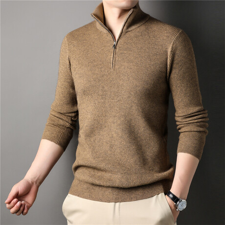 Ribbed Quarter Zip Sweatshirt // Tan (XS)