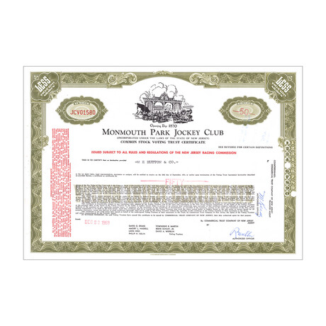 Monmouth Park Jockey Club Stock // Shares Vary // 1950s - 1970s (Blue)