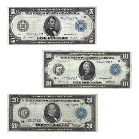 1914 $5, $10, $20 Large-Size Federal Reserve Notes // Set of 3 // Lightly Circulated