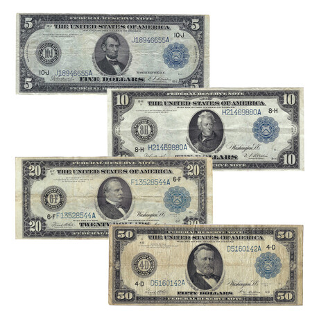 1914 $5, $10, $20 & $50 Large-Size Federal Reserve Notes // Set of 4 // Lightly Circulated