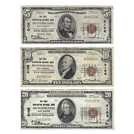 1929 $5, $10, $20 Small Size National Bank Notes // 1st Huntington National Bank West Virginia